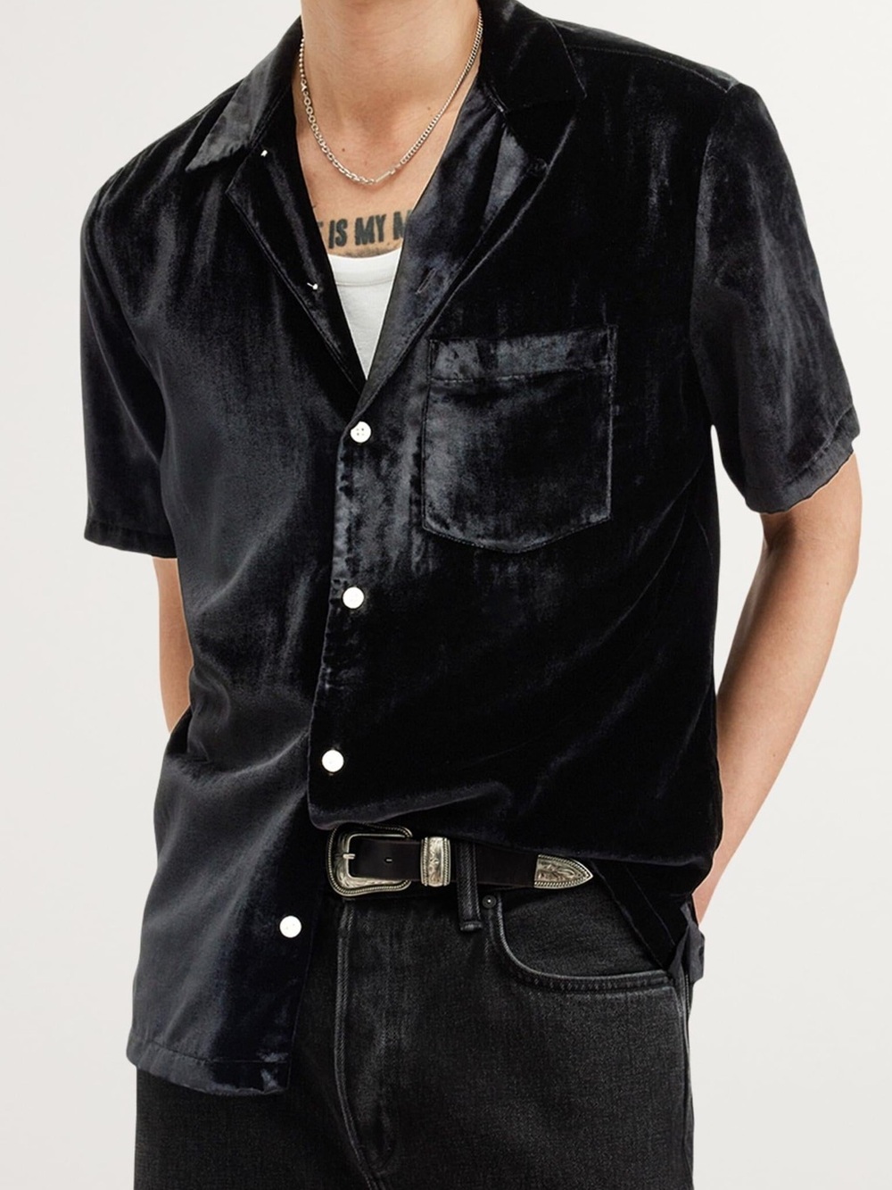 AllSaints Runa Black Velvet Short Sleeve Button Up Shirt Men’s L